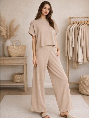 NEW Zenana Light Mocha Matching Set Ribbed Knit Short Sleeve & High Rise Pants